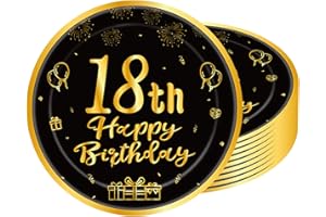 POPOYU 16pcs Black and Gold Paper Plates 18th, Happy Birthday Disposable Tableware Paper Plates 9 Inch,Happy 18th Birthday Decorations Plates for Men,Women,Him,Her 18th Birthday Gifts Party Supplies