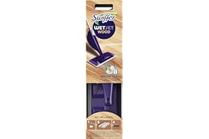 Swiffer WetJet Wood - Kit completo per scopa per legno, 5 salviette per legno, 1 detersivo liquido per legno, 4 batterie, soluzione progettata per pavimenti in legno finiti