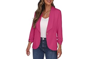PrinStory Blazer pour femme, col à revers, manches 3/4, froncées, veste de costume, cardigan à un bouton, blazer court, tenue décontractée pour le bureau
