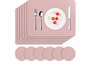 APLKER Placemats and Coasters Set of 6, Heat Insulation PU Leather Table Mats Waterproof Washable Dining Place Mats for Kitchen Indoor Outdoor Party, 16 x12 inch - Pink