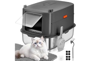 Papettly Katzentoilette Edelstahl mit Deckel, XXL Litter Box Katzenklo, 30L Große Katzenklo Edelstahl mit Deckel, Hoher Abnehmbarer Rand, Katzenklo mit Katzenstreumatte,Leichte Reinigung, 58x42x40CM