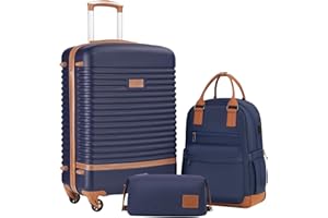 COOLIFE Koffer Trolley Koffer Reisekoffer von ABS Hartschalen Trolley 4 Rollen TSA-Schloss Der Koffer Enthält 1 Reiserucksack und 1 Kulturbeutel (Blau/Braun, Mittlerer Koffer-Set 3tlg)