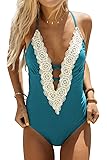 Cupshe Women's Swimsuit Deep V Cross Straps Vintage Lace Insert Swimwear One Piece Swimsuit