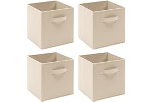 BonChoice Foldable Storage Cubes Boxes with Handle for Home Organization, Fabric Wardrobe Storage Box Organizer Basket Bins for Clothes Toys Towels, Collapsible&Durable (4, Beige)