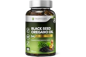 HealthEssent Oil of Oregano with Black Seed Oil 6500mg Complex - 5-in-1 Blend with Turmeric, Ginger & Black Pepper - High Potency Carvacrol & Thymoquinone - (2 Month Supply) - 60 Vegan Capsules