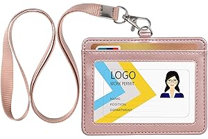 Teskyer Porte Badge Tour de Cou, Fabriqué en Cuir PU, Avec Fenêtre Transparente, 2 Emplacements pour Cartes, Or Rose