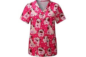 thuthu Kasack Damen Pflege Mit Karikatur Motiv Bunt T-Shirt Schlupfkasack Mit Taschen Kurzarm V-Ausschnitt Schlupfhemd Berufskleidung Krankenpfleger Uniformen Nurse Kasacks Damen Pflege