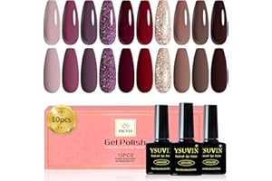 YSUVIN Smalto Semipermanente Unghie, 10 Colori Rosso Scuro Bordeaux Brillante Viola Marrone Glitter Champagne Oro Semipermanenti Soak Off UV/LED Per Autunno Inverno Nail Art Salone, 8 ML