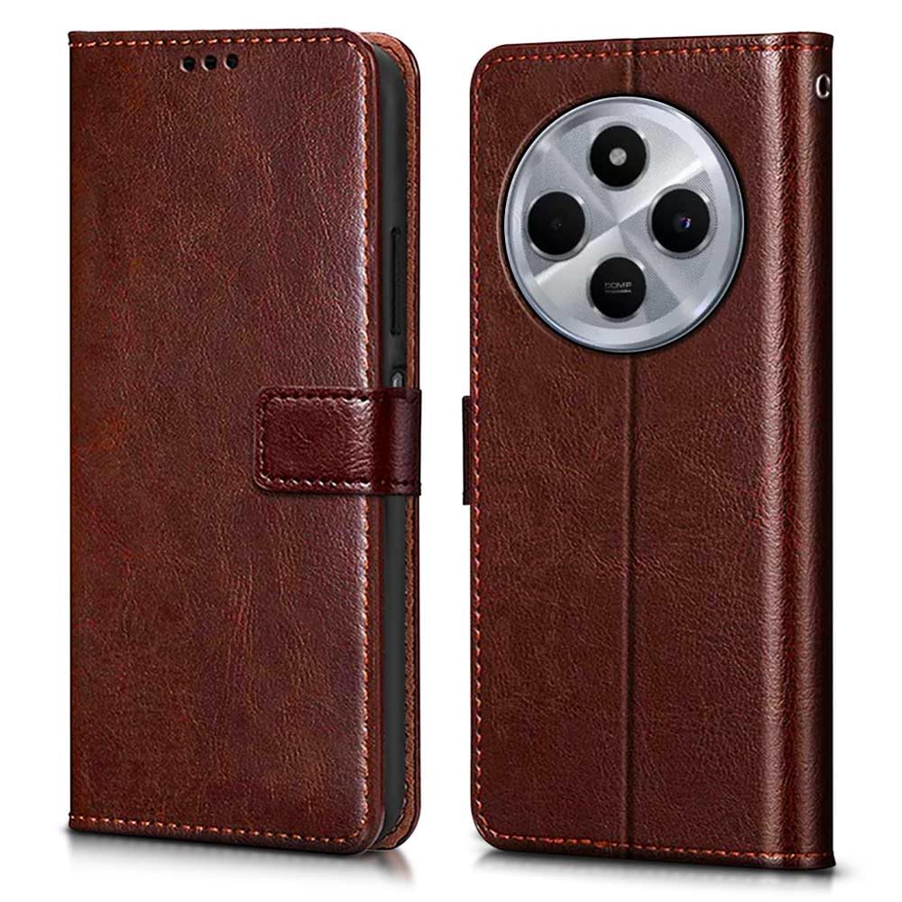 WOW IMAGINE Shock Proof Flip Cover Back Case Cover for Redmi A4 5G | Poco C75 5G | 14C 5G | Poco M7 (Flexible | Leather Finish | Card Pockets Wallet & Stand | Chestnut Brown)