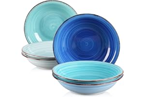 vancasso, Série Bonita, Assiette Creuse à Soupe en Céramique 6 pièces, Assiette Saladier, 500ml, Style Minimaliste Multicoloré-Bleu Dégradé