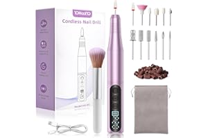 YOHOOLYO Cordless Electric Nail Drill , 13-in-1 Rechargeable Nail File Kit with LED Display, 4 Adjustable Speeds for Acrylic & Gel Nails, Professional Manicure & Pedicure Tool, Purple