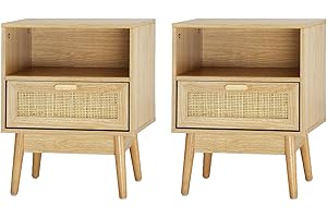 MAENGRE Set of 2 Rattan Bedside Tables, Wooden Side Table with Drawers & Shelf, Wooden Side Sofa Tables for Living Room Glossy End Tables for Small Space 40x30x51CM