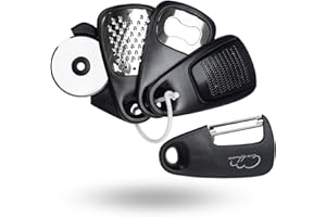 ESIE HOUZIE Kitchen Accessories Set of 5, Kitchen Utensils Mini Vegetable Peeler Space-Saving Camping Accessories, Cheese Chocolate Grater, Bottle Opener, Pizza Cutter, Garlic Ginger Grater (Black)