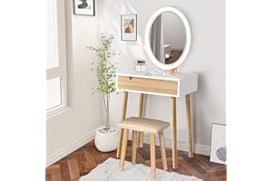 YU YUSING Toeletta, Tavolo da Trucco con Luce LED Regolabile e Specchio Ovale, Toeletta da Trucco Moderna con Sgabello, 1 Cassetto, 3 Scomparti