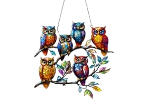 LUMOOM Hängende Fensterdeko Vogel Buntglas Deko, Kolibri-Sonnenfänger Zum Aufhängen an Fenstern, Vogel-Anhänger aus Acryl mit Kette, Fensterbehang Fenster Türen Deko Für Zuhause Studio (Sechs Eulen)