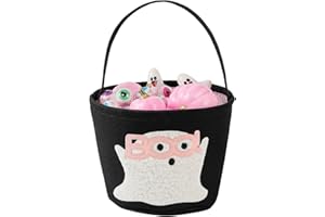 INOUGH Halloween Korb Geister-Eimer für Kinder, niedliche Trick-or-Treat Taschen Halloween Körbe mit Stickerei, Mädchen Grusel Süßigkeiten Eimers, Faltbare Geister-Eimer, Geschenkkörbe leer (Rosa)