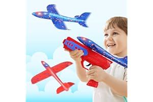 UENNM 2PCS Flugzeug Spielzeug mit LED Lichter, Styroporflieger Wurfgleiter mit 1 Katapult Pistole, Flugzeug Outdoor Sportarten Spielzeug, Interaktives Flugzeug Spiele für Draußen Geschenke Jungen Mädchen