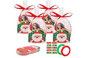 FRGASGDS 50 pz Sacchetti Biscotto Plastica Sacchettini Trasparenti Alimentari con 50 pezzi di carta natalizia, adesivi per sigillare 5 fogli e 2 rotoli di nastro,Sacchetti di caramelle Biscotti Dolci Sacchetti