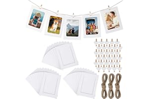 AILUYA 30 Stück weißer Fotorahmen, Fotorahmen Aufhängen, 11,5 x 15,5 cm DIY Karton Bilderrahmen, Kraftpapier Bilderrahmen mit 30 Holzclips und 3 Hanfseil für Wohnzimmer Schlafzimmer Geburtstagsfeier Schule