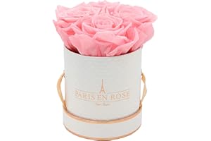 PARIS EN ROSE Rosenbox Deluxe | mit 4 rosa Infinity Rosen Größe XL | konservierte ewige Rose | runde Weiß-Roségold Box | 3 Jahre haltbar | Grußkarte