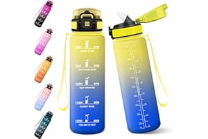 Baramumu Gourde, 1000ML Gourde Paille Adulte, Sans BPA, Bouteille d'eau de Motivation avec Marqueur de Temps, Bouteille Sport pour Salle de Sport, Aire Libre, Yoga - Jaune&Bleu roi