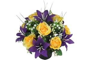 JUST BECAUSE SILK FLOWERS Artificial/Silk Flower Arrangement in Grave Pot, with yellow rosebuds and purple lilies 24cm