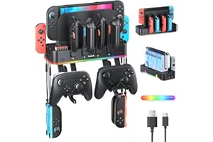FASTSNAIL [Switch 2/1/OLED Compatible] RGB Switch 2 (2025) Wall Mount Kit for Joycon Charger, Switch Accessories Organizer with 15 Light Mode, 2 USB Port, 10 Card Slot, Safely Store Switch Console Behind TV