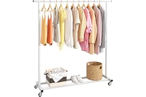 Buzowruil Standard Rod Simple Rolling Metal Clothing Rack Garment Rack Organizer Freestanding Hanger with Wheels,White