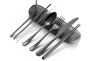 Powmag Portable Cutlery Set, 8 pièces Couverts en Acier Inoxydable, Ensemble de Couverts, Voyage Set Couverts de Camping Ensemble, couverts acier, couverts nomades (le noir)