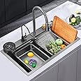Hardstone Multifunction Kitchen Sink 30'' x 18'' x 10'' with Anti Scratch Honeycomb Design, Integrated Waterfall & Pull-down Faucet Set-Stainless Steel Sink with Cup washer and Drain Baskets