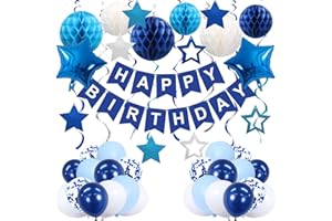 OHUGS Blue Happy Birthday Decorations Set for Boys, 46Pcs Blue Birthday Banner and Balloon for Boys, Men with Honeycomb Balls, Foil Star Balloons, Hanging Swirls & Matching Balloons