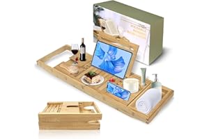‎MY NOVEL THINGS Bambus Badewannenablage,Faltbare Premium Badewannenbrett,Ausziehbares Badewannentablett aus Bambus,rutschfeste Badewannenablage,Passend für die meisten Badewannen (Naturholzfarbe/Faltbar)