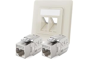 hb-digital Gniazdo sieciowe 2-portowe CAT 7 podtynkowe RAL9010 + 2X CAT 7 Keystone RJ45 moduł LAN Ethernet Keystone gniazdo gniazdo do zabudowy do CAT 5e CAT 6 CAT 6a maks. 10 Gbit/s STP - czysta biel