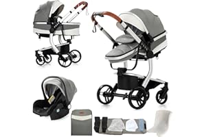 Nine point nine PU-Leder Kinderwagen 3 in 1, Kinderwagen Set mit Umkehrbarem Doppelschiebemodus, Kombikinderwagen 3 in 1 Bequemer Babywanne, Kombikinderwagen Rahmen Aluminiumlegierung (B518 Grey)