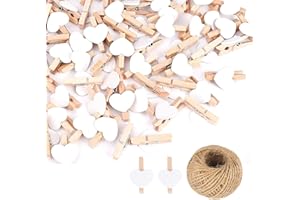 XDGBGFN 100 Stück Weiß Mini Wäscheklammern Holzwäscheklammern mit 10 Meter Juteschnur,Holzklammern für Fotos DIY Fotowand und Hochzeit Party Dekoration