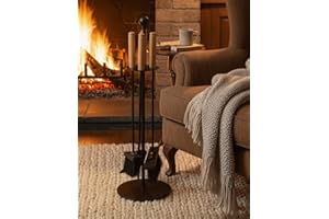 Log-Barn 4 Piece Arc Fire Companion Set, Cast Iron Modern Fireside Fireplace Tools, Black with Wooden Handles