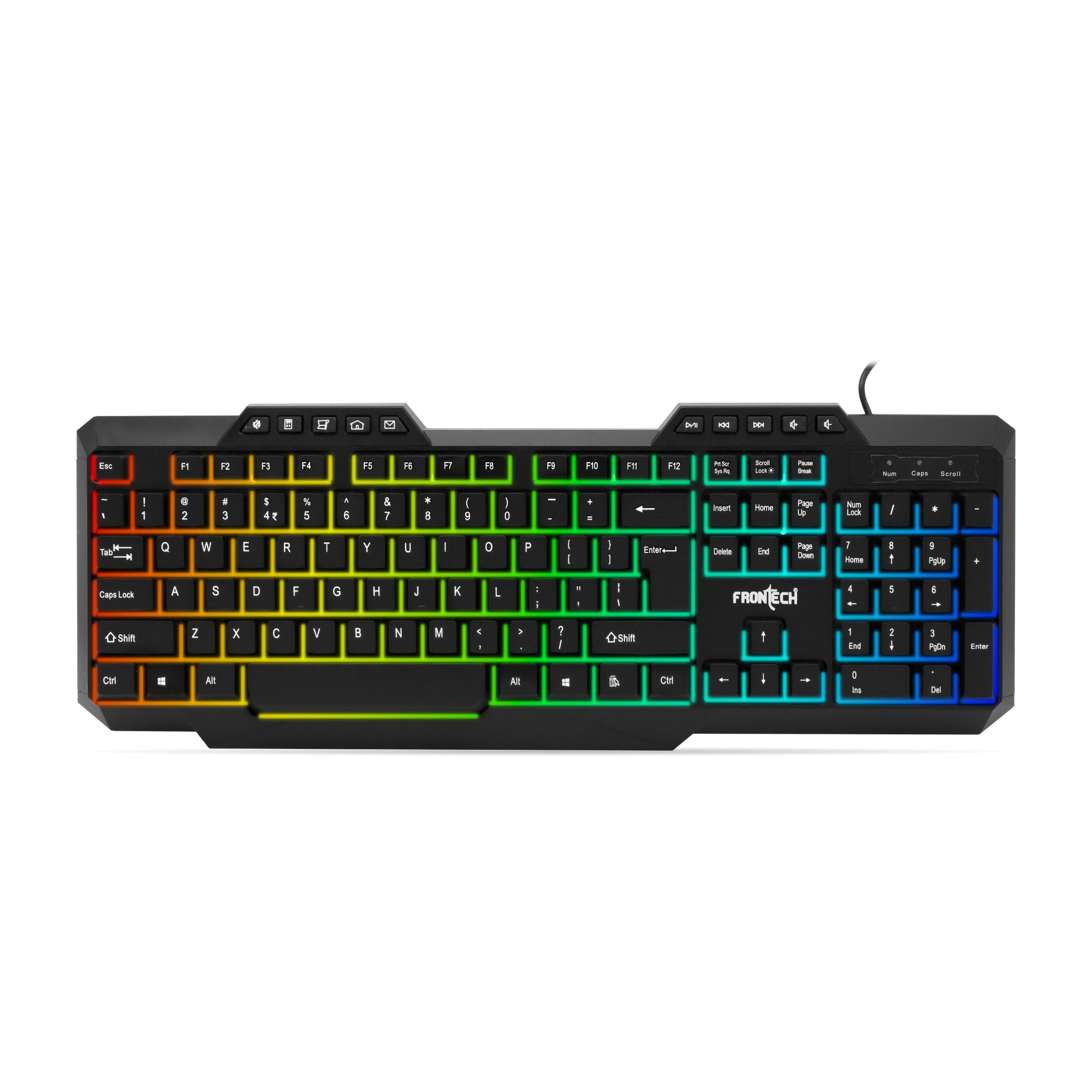 FRONTECH KB-0034 Black Wired Gaming Keyboard with Multicolor RGB Backlight Effects, Membrane Keys, Retractable Stands, USB Plug & Play, Ergonomic & Comfortable Design, and 1 Year Warranty