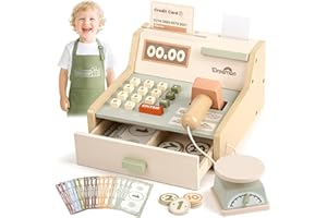 Dreamon Drewniana kasa dla dzieci, drewniana kasa do zabawy ze skanerem, zabawka z fartuchem, prezent dla chłopców i dziewczynek, 3, 4, 5, 6, 7 lat