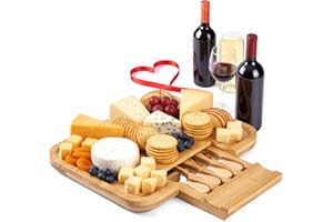 Giggi Bamboo Cheese Board and Knife Set – Charcuterie Boards with Storage, 4 Knives, Wooden Serving Platter, Cheese board Gift Set For House Warming Gift, Christmas, Parties (Large 40 x 30cm)