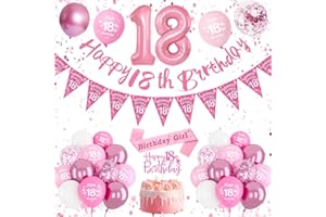 DJLLA Pink 18th Party Decoration Kit with Happy 18th Birthday Banner, Number 18 Balloon Triangle Flag Banner and Birthday Sash