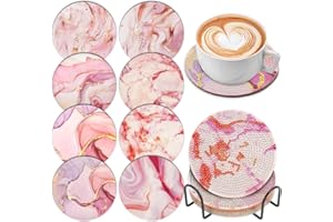SOEWIOU 8 Pcs Diamond Painting Coasters with Holder, Diamond Art Car Cup Coaster 5D DIY Pink Ocean Painting Glass Art Coasters Kits Round Full Drill Diamond Art Craft Supplies for Adults Kids,Beginners