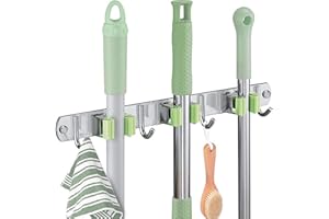 MOOING Porte Balai Mural, en Acier inoxydable, Support de Balai avec 3 Clips et 4 Crochets,Support de Rangement Mural Organisateur pour Cuisine Jardin Balcon Garage(Vis et Ruban Adhésif inclus)