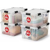 Iris Ohyama 4 x Plastic Airtight Boxes with Lid and Snap Closures, 50L, Transparent, Waterproof Seal, Stackable, Anti-Dust, f