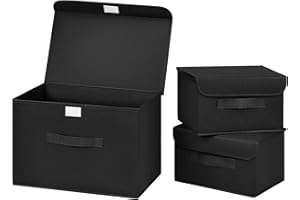DIMJ Lot de 3 Boites de Rangement, Rangement de Vetement Pliable, Caisse de Rangement en Tissu avec Couvercles et Poignées pour, Placard, Chambre à Coucher, Noir