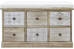 Rebecca Mobili Panchetta da Interno, Panca Bagno, Legno di Paulownia, Beige Bianco, Stile Shabby, Seduta Imbottita, Ingresso - Misure: 49 x 77,5 x 35 cm (HxLxP) - Art. RE6538