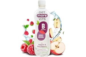 Get More Vits - B Vitamins Still Apple & Raspberry Flavoured Spring Water (12 x 500ml), Supports Energy Release, Tackle Tiredness & Fatigue, Natural Flavours, Sugar Free, Low Calorie, Vegan
