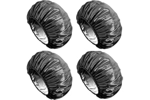 Aquior Shower Cap, Extra Large Shower Cap for Men, Satin EVA Double Layer Waterproof Reusable Hair Cap for Women Long Hair(All Black 4 Pack)