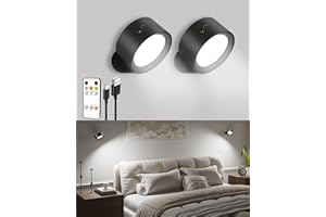 EZVALO LED Wall Lights, 2000mAh Rechargeable Wall Lights Indoor, 3 Color Temps with Remote and Touch Control, 360°Rotation Dimmable Cordless Wall Light for Living Room Bedroom (Black, 2 Pack)