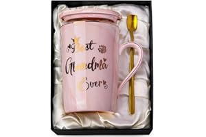 Doublewhale Grandma Gifts, Grandma Christmas Birthday Gifts for Nana, Nan, Granny, Gran Gift, 14OZ Pink Ceramic Coffee Mug Gift from Granddaughter Grandson with Spoon Lid Card, Nice Box