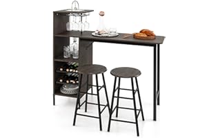 COSTWAY Set 3 Pezzi Tavolo e Sedie da Bar, Tavolo e Sgabelli da Pub Industriale con Porta Calici e 6 Portabottiglie da Vino, Set di Tavolo per Sala da Pranzo, Ristorante e Bar (Marrone)